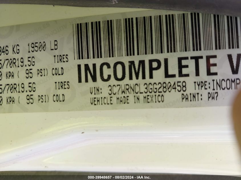 2016 Ram 5500 Chassis VIN: 3C7WRNCL3GG280458 Lot: 39948657