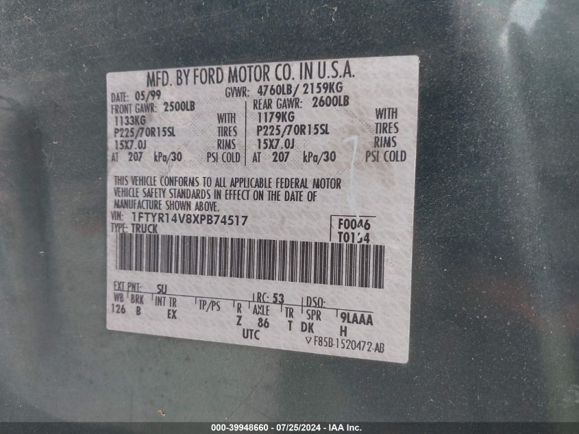 1999 Ford Ranger Xl/Xlt VIN: 1FTYR14V8XPB74517 Lot: 39948660