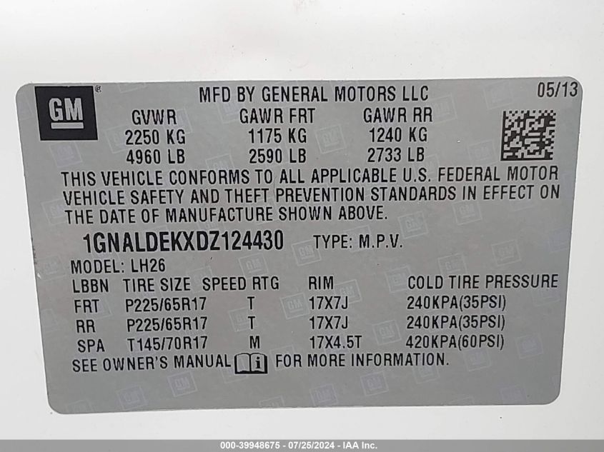 2013 Chevrolet Equinox 1Lt VIN: 1GNALDEKXDZ124430 Lot: 39948675