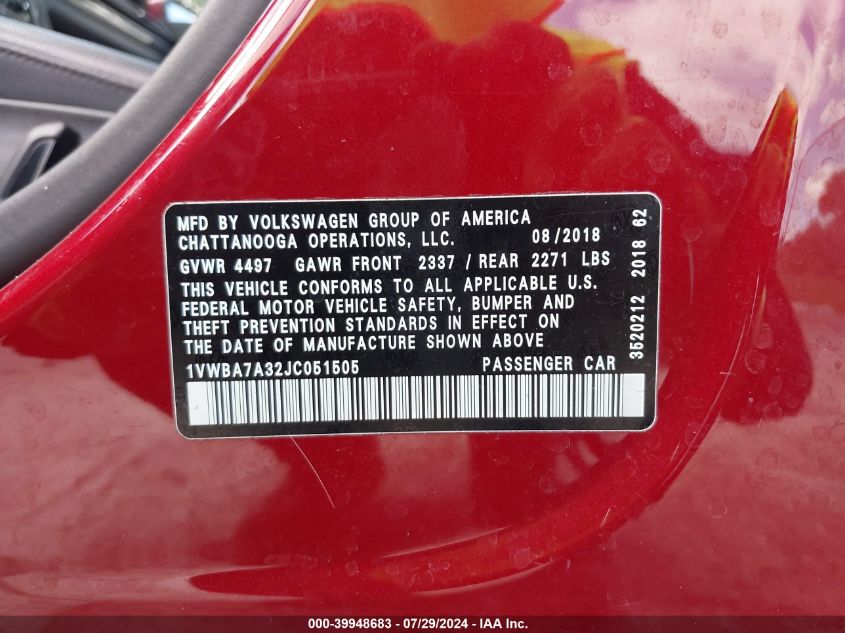 2018 Volkswagen Passat Se VIN: 1VWBA7A32JC051505 Lot: 39948683