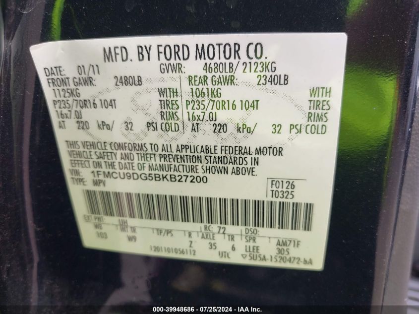 2011 Ford Escape Xlt VIN: 1FMCU9DG5BKB27200 Lot: 39948686