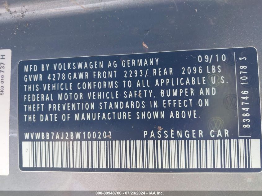 2011 Volkswagen Golf 2.5L 2-Door VIN: WVWBB7AJ2BW100202 Lot: 39948706