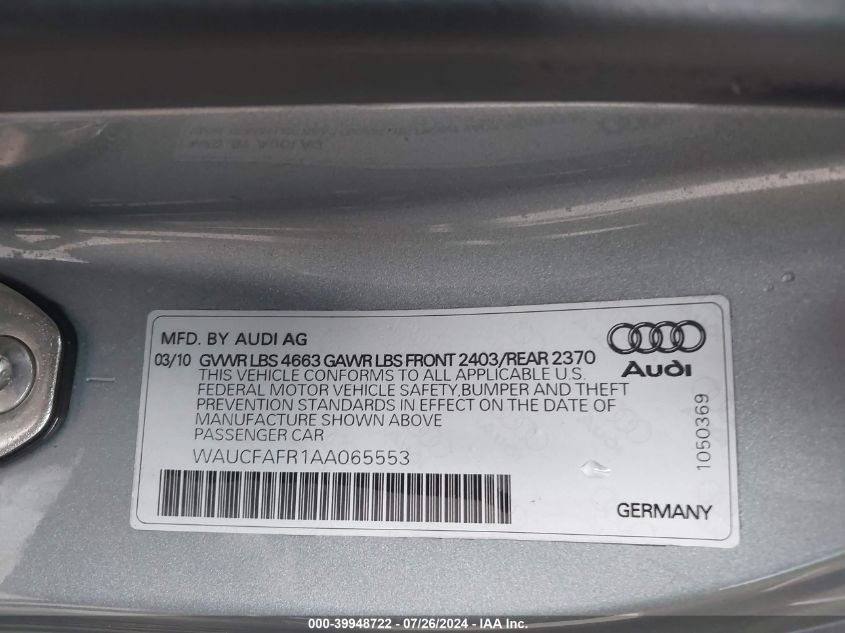 2010 Audi A5 Premium VIN: WAUCFAFR1AA065553 Lot: 39948722