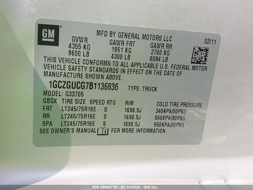 2011 Chevrolet Express G3500 VIN: 1GCZGUCG7B1136836 Lot: 39948730