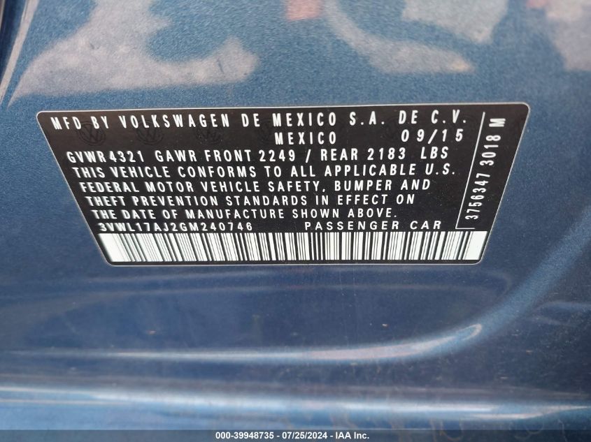 2016 Volkswagen Jetta 1.8T Sel VIN: 3VWL17AJ2GM240746 Lot: 39948735