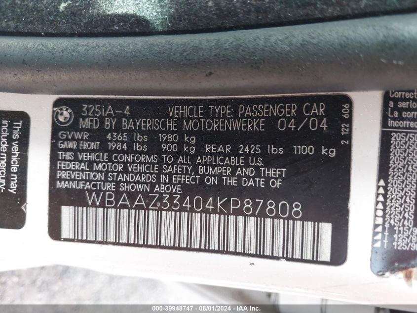 2004 BMW 325I VIN: WBAAZ33404KP87808 Lot: 39948747