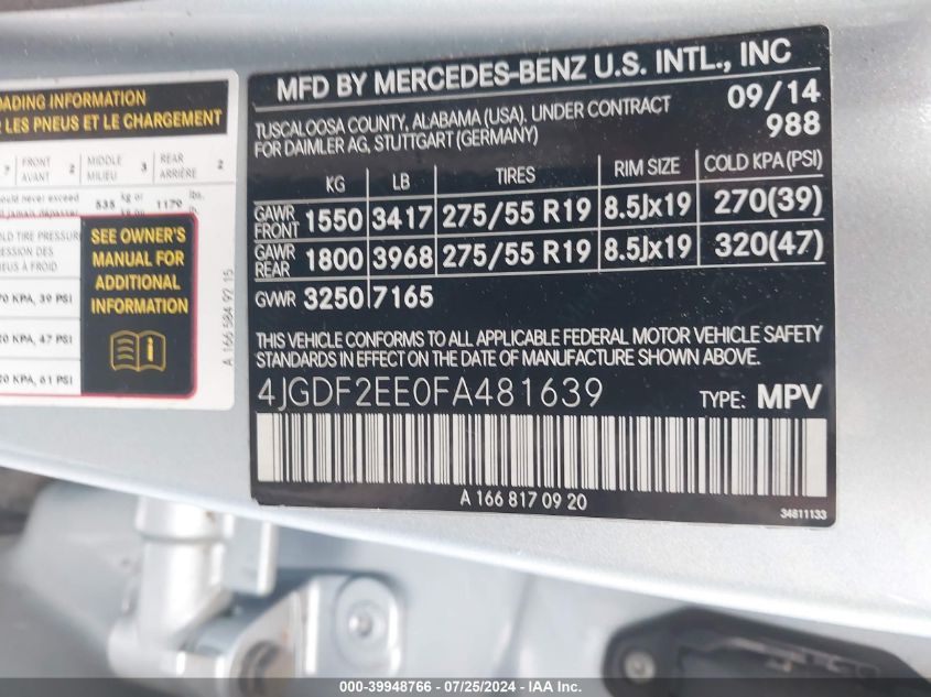 2015 Mercedes-Benz Gl 350 Bluetec 4Matic VIN: 4JGDF2EE0FA481639 Lot: 39948766