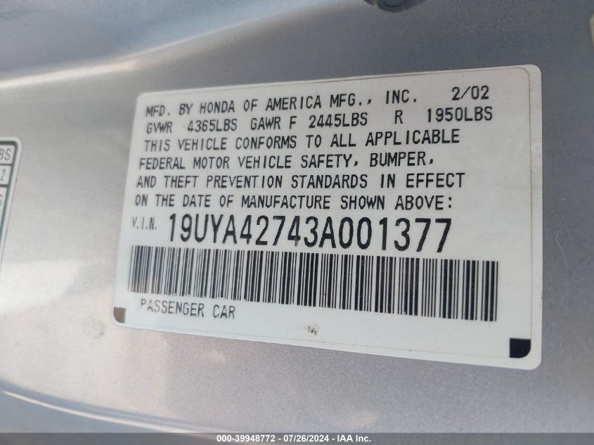 2003 Acura Cl 3.2 Type S VIN: 19UYA42743A001377 Lot: 39948772