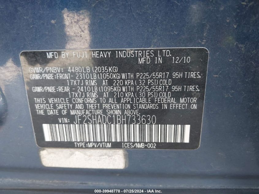 2011 Subaru Forester 2.5X Premium VIN: JF2SHADC1BH733630 Lot: 39948778