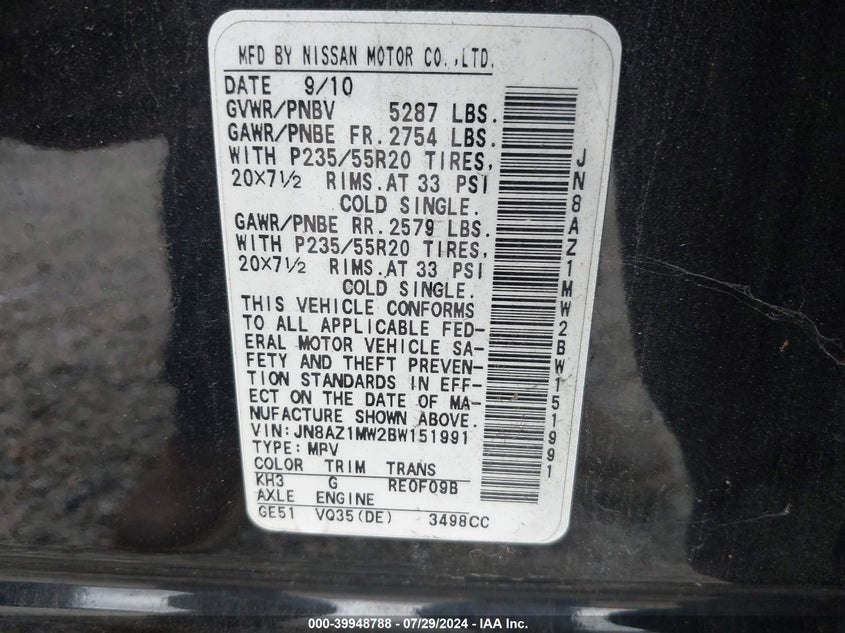 2011 Nissan Murano Le VIN: JN8AZ1MW2BW151991 Lot: 39948788