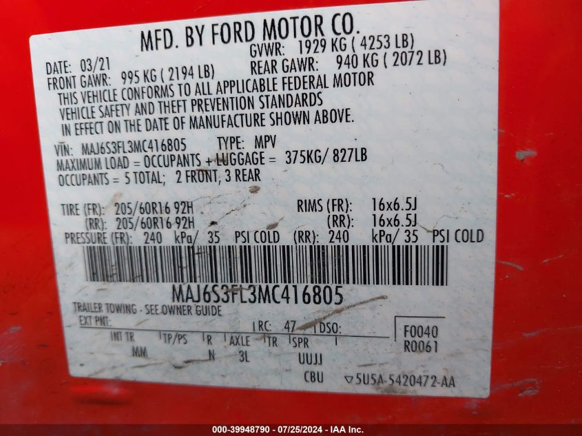 2021 Ford Ecosport S VIN: MAJ6S3FL3MC416805 Lot: 39948790