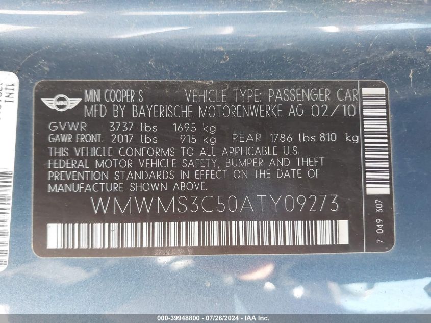 2010 Mini Cooper S VIN: WMWMS3C50ATY09273 Lot: 39948800