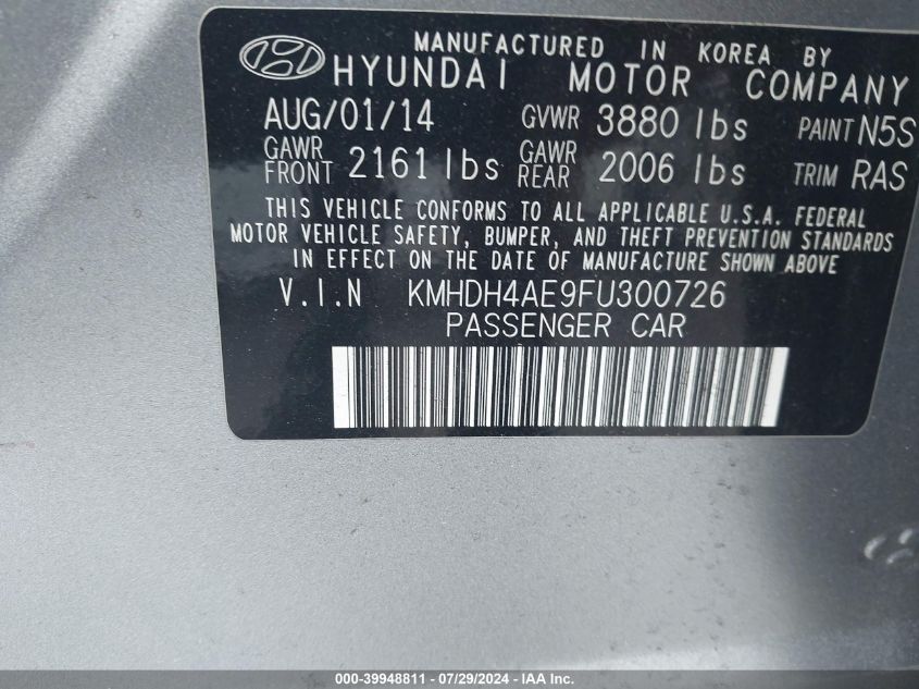 2015 Hyundai Elantra Se VIN: KMHDH4AE9FU300726 Lot: 39948811