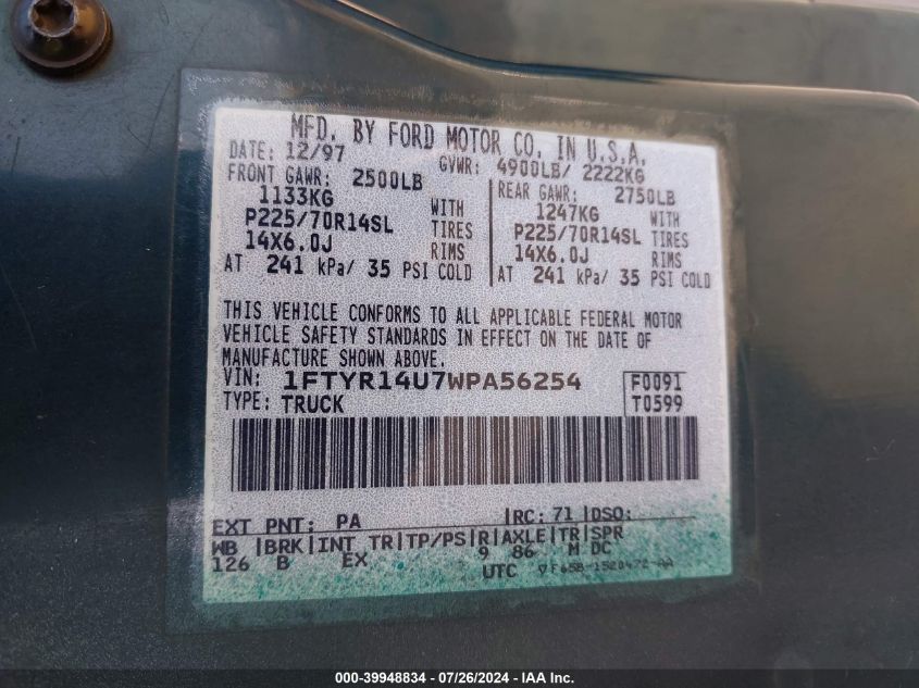 1998 Ford Ranger Super Cab VIN: 1FTYR14U7WPA56254 Lot: 39948834