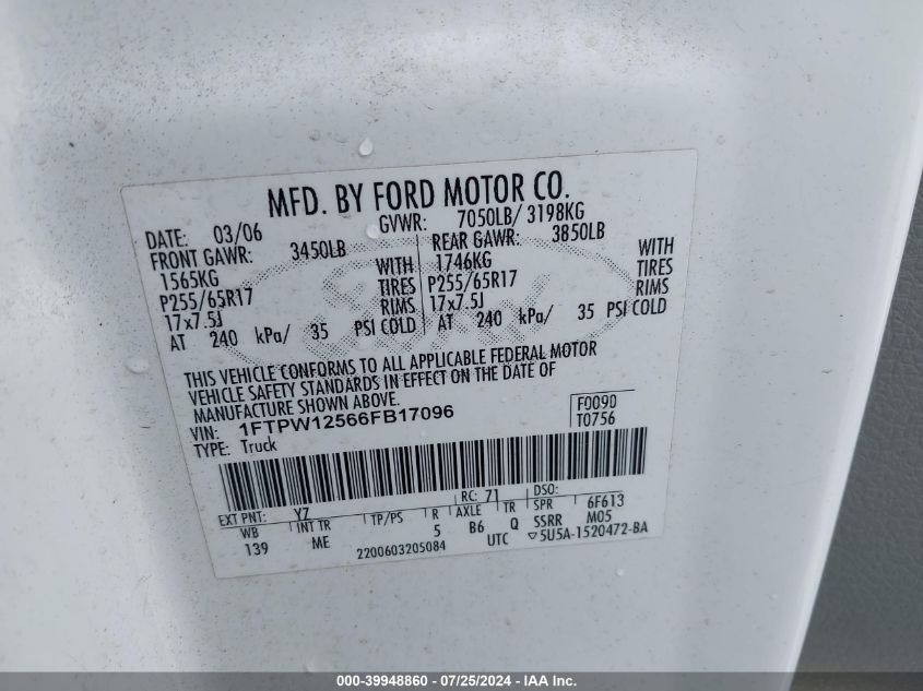 2006 Ford F150 Supercrew VIN: 1FTPW12566FB17096 Lot: 39948860