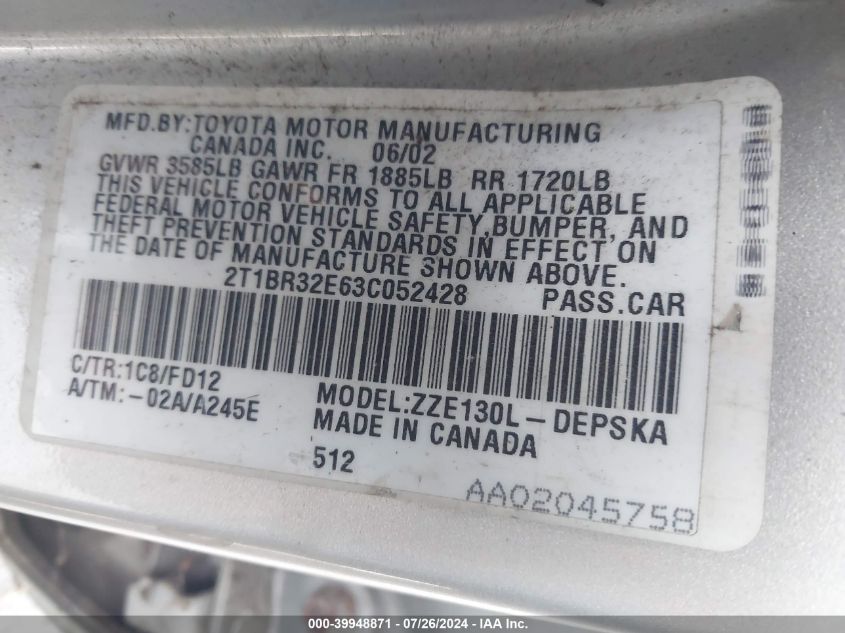 2003 Toyota Corolla Ce/Le/S VIN: 2T1BR32E63CO52428 Lot: 39948871