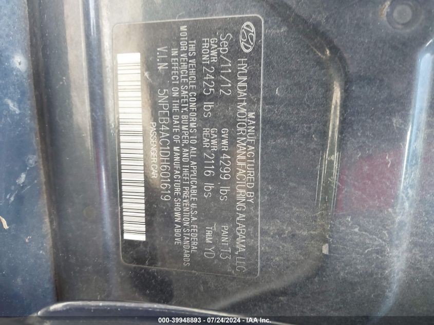 2013 Hyundai Sonata Gls VIN: 5NPEB4AC1DH601619 Lot: 39948893