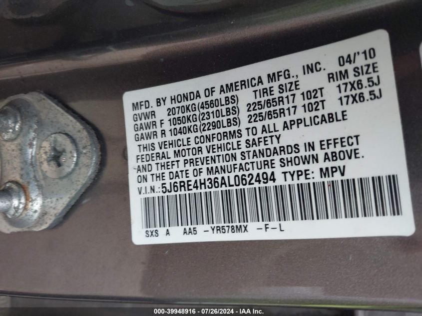 2010 Honda Cr-V Lx VIN: 5J6RE4H36AL062494 Lot: 39948916