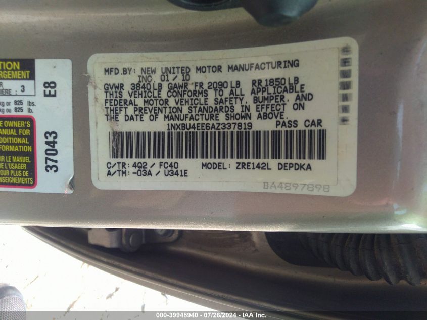 2010 Toyota Corolla S/Le/Xle VIN: 1NXBU4EE6AZ337819 Lot: 39948940