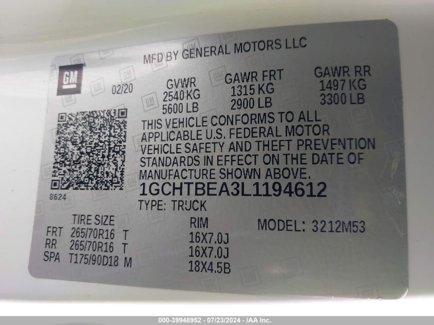 2020 Chevrolet Colorado 4Wd Long Box Wt VIN: 1GCHTBEA3L1194612 Lot: 39948952