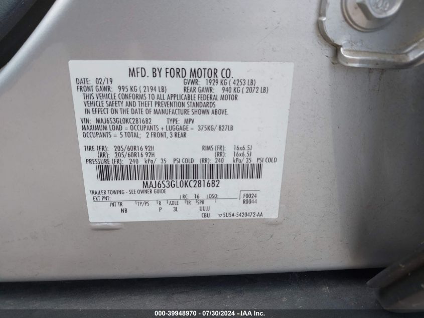 MAJ6S3GL0KC281682 2019 Ford Ecosport Se