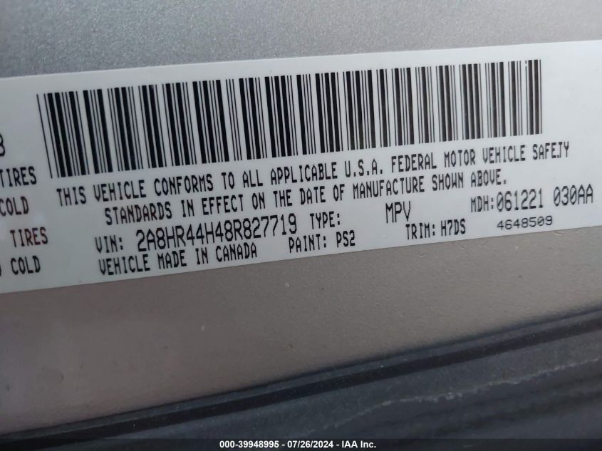 2008 Chrysler Town & Country Lx VIN: 2A8HR44H48R827719 Lot: 39948995