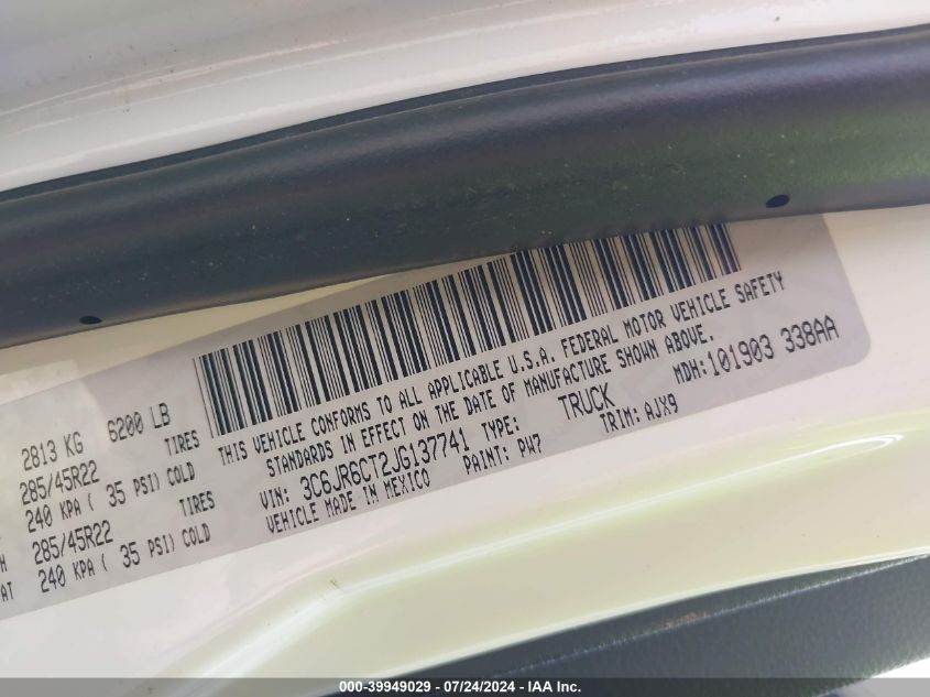 2018 Ram 1500 Sport VIN: 3C6JR6CT2JG137741 Lot: 39949029