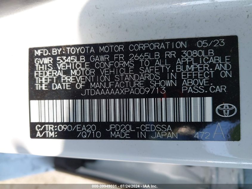 2023 Toyota Mirai Xle VIN: JTDAAAAAXPA009713 Lot: 39949031