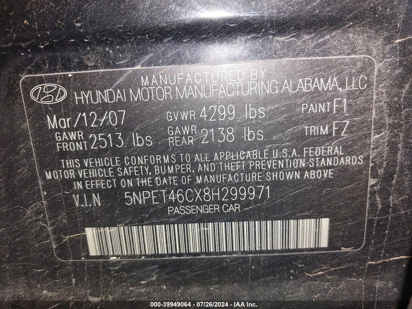2008 Hyundai Sonata Gls VIN: 5NPET46CX8H299971 Lot: 39949064