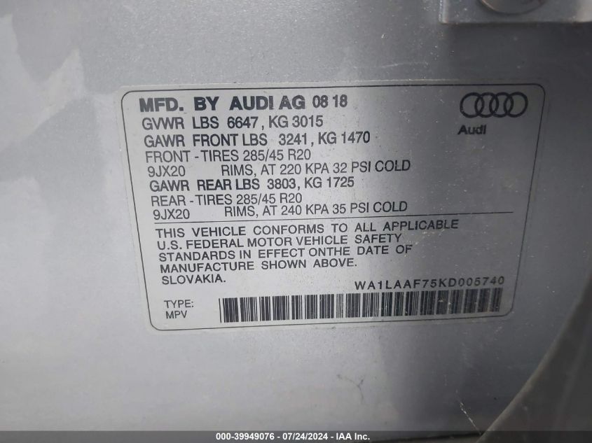 2019 Audi Q7 55 Premium/55 Se Premium VIN: WA1LAAF75KD005740 Lot: 39949076