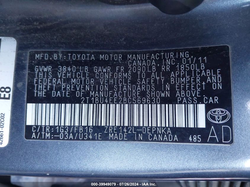 2011 Toyota Corolla S/Le VIN: 2T1BU4EE2BC569630 Lot: 39949079