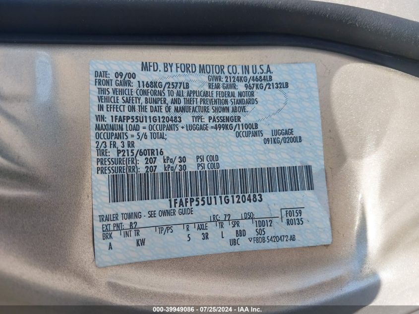 2001 Ford Taurus Ses VIN: 1FAFP55U11G120483 Lot: 39949086