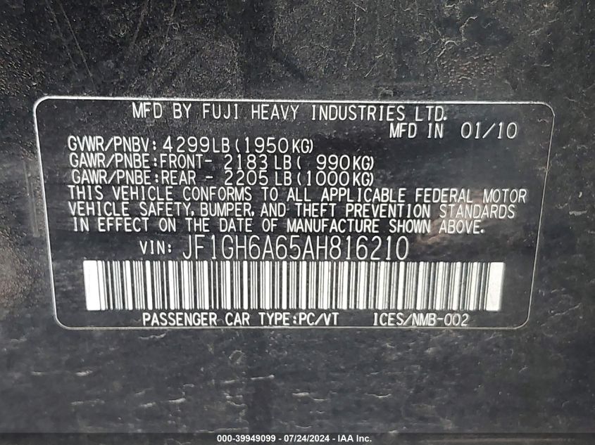 2010 Subaru Impreza 2.5I VIN: JF1GH6A65AH816210 Lot: 39949099