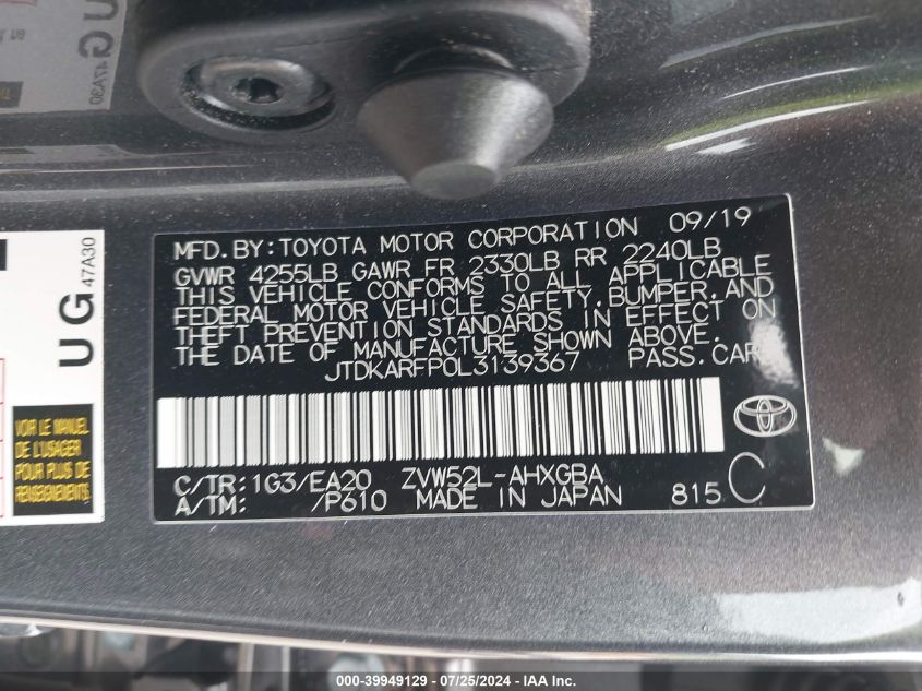 2020 Toyota Prius Prime Xle VIN: JTDKARFP0L3139367 Lot: 39949129