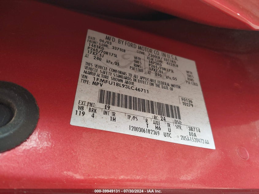 2003 Ford Expedition Eddie Bauer VIN: 1FMFU18L93LC46711 Lot: 39949131