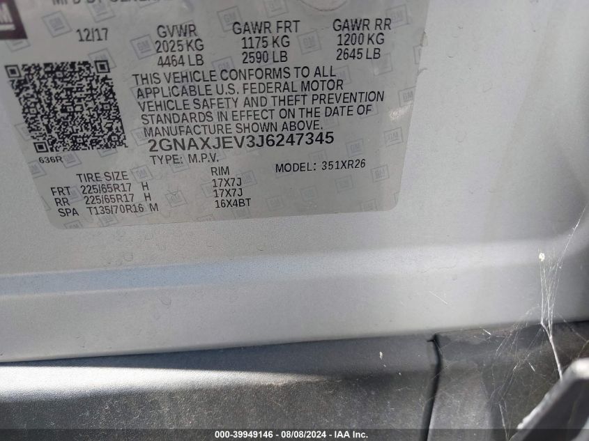 2018 Chevrolet Equinox Lt VIN: 2GNAXJEV3J6247345 Lot: 39949146