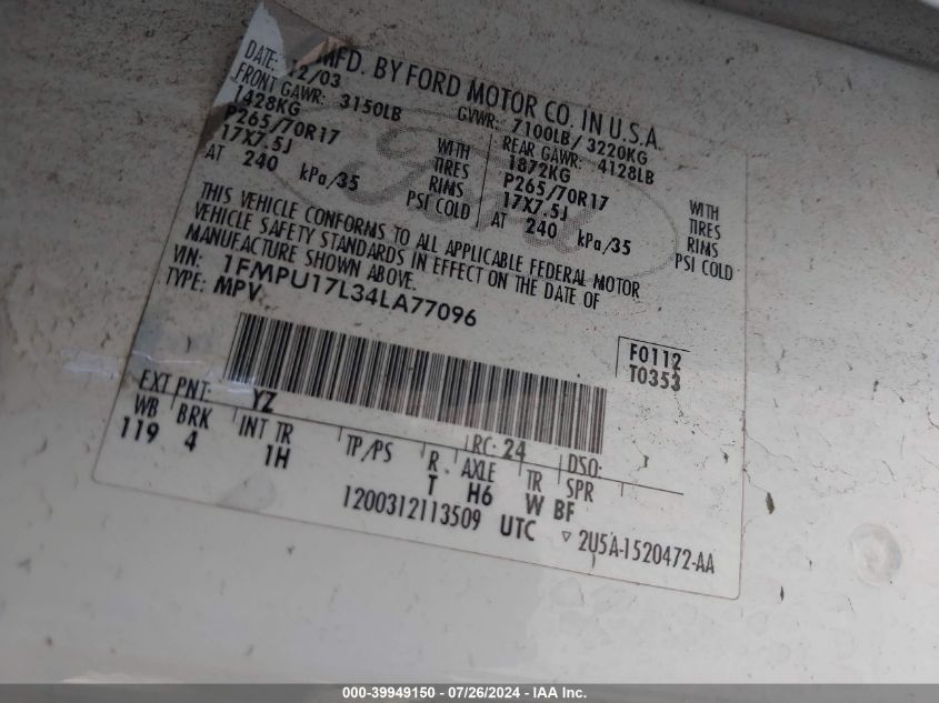 2004 Ford Expedition Eddie Bauer VIN: 1FMPU17L34LA77096 Lot: 39949150