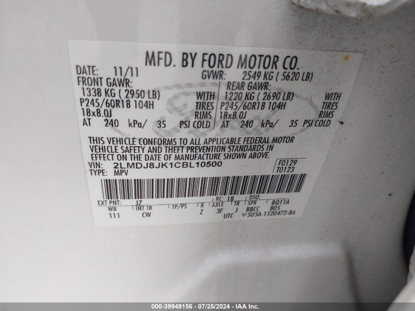 2012 Lincoln Mkx VIN: 2LMDJ8JK1CBL10500 Lot: 39949156