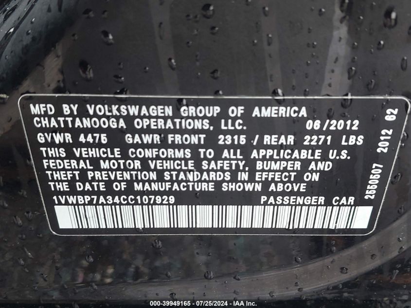 2012 Volkswagen Passat 2.5L Se VIN: 1VWBP7A34CC107929 Lot: 39949165