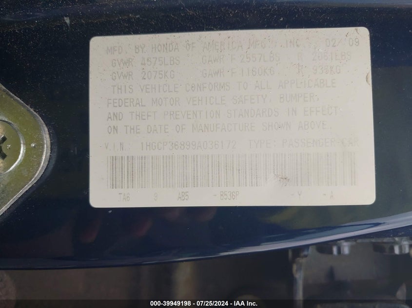 2009 Honda Accord 3.5 Ex-L VIN: 1HGCP36899A036172 Lot: 39949198