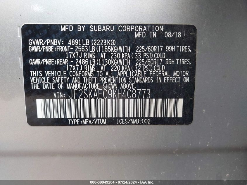 2019 Subaru Forester Premium VIN: JF2SKAEC9KH408773 Lot: 39949204