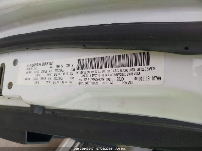 2011 Ram Ram 1500 Slt VIN: 3D7JB1EP1BG559216 Lot: 39949217