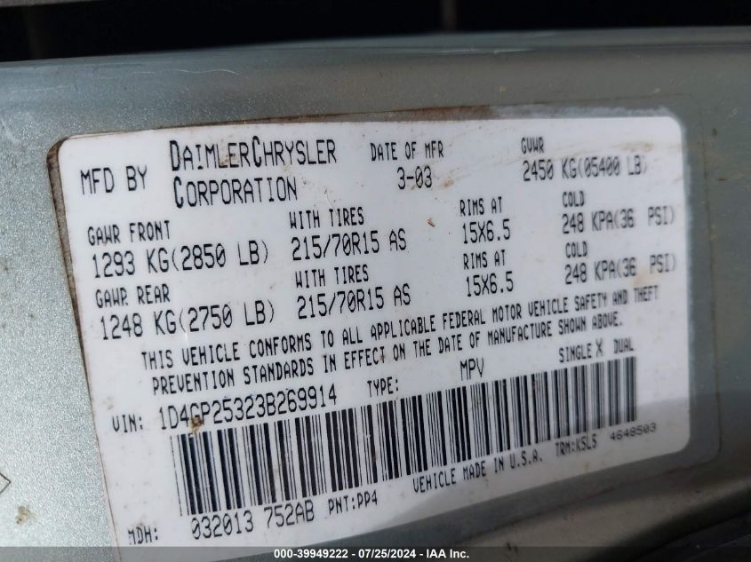 2003 Dodge Caravan Se VIN: 1D4GP25323B269914 Lot: 39949222
