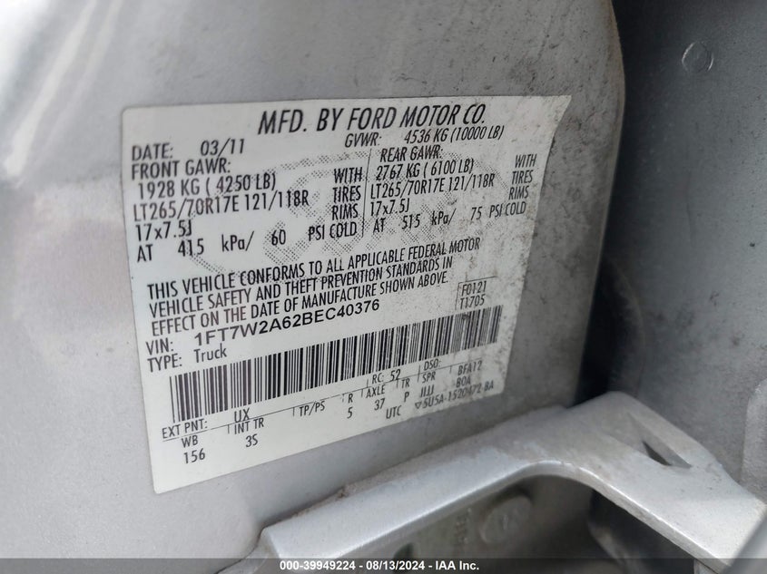 2011 Ford F-250 Xlt VIN: 1FT7W2A62BEC40376 Lot: 39949224