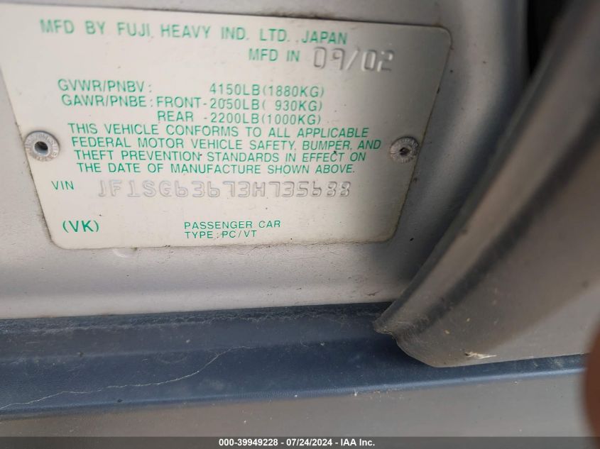 2003 Subaru Forester X VIN: JF1SG63673H735688 Lot: 39949228