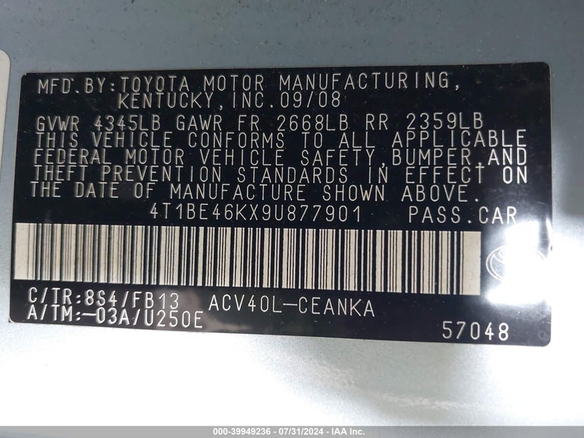 2009 Toyota Camry Le/Se/Xle VIN: 4T1BE46KX9U877901 Lot: 39949236