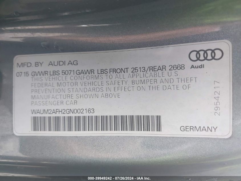 WAUM2AFH2GN002163 2016 Audi A5 2.0T Premium