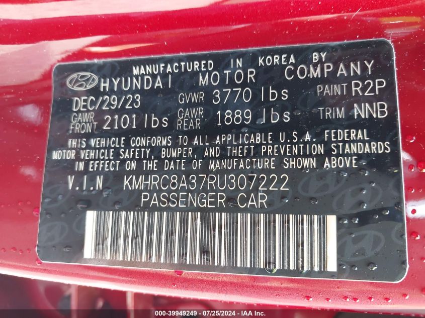 2024 Hyundai Venue Sel VIN: KMHRC8A37RU307222 Lot: 39949249