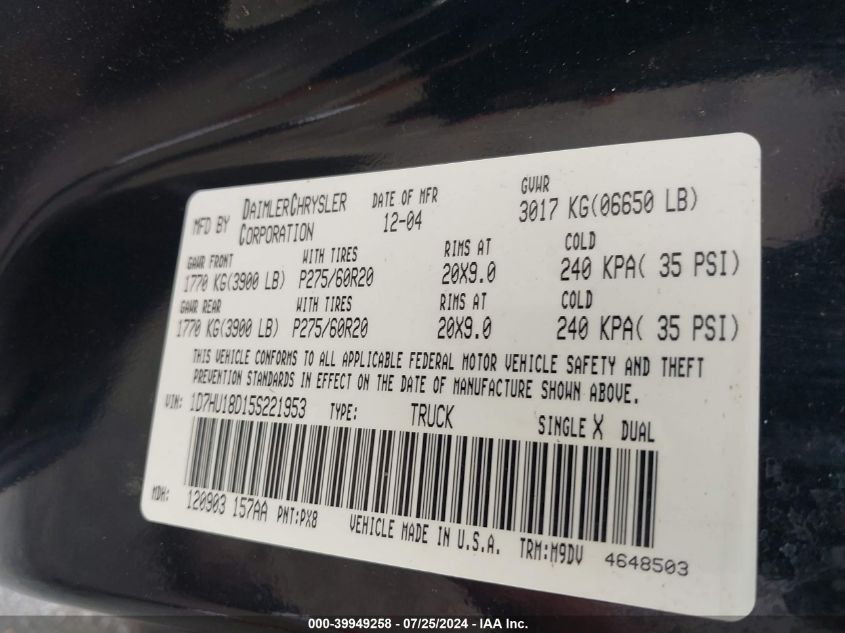 2005 Dodge Ram 1500 St/Slt VIN: 1D7HU18D15S221953 Lot: 39949258