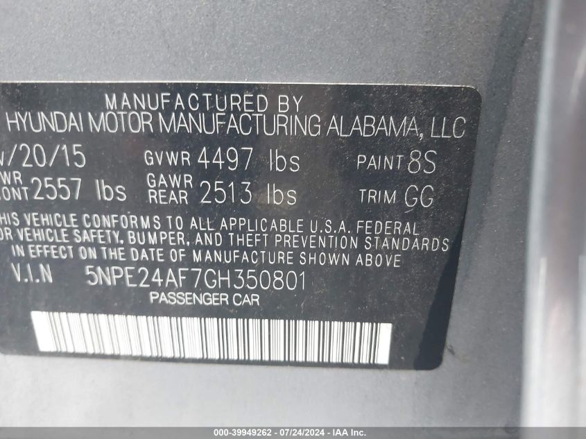 5NPE24AF7GH350801 | 2016 HYUNDAI SONATA